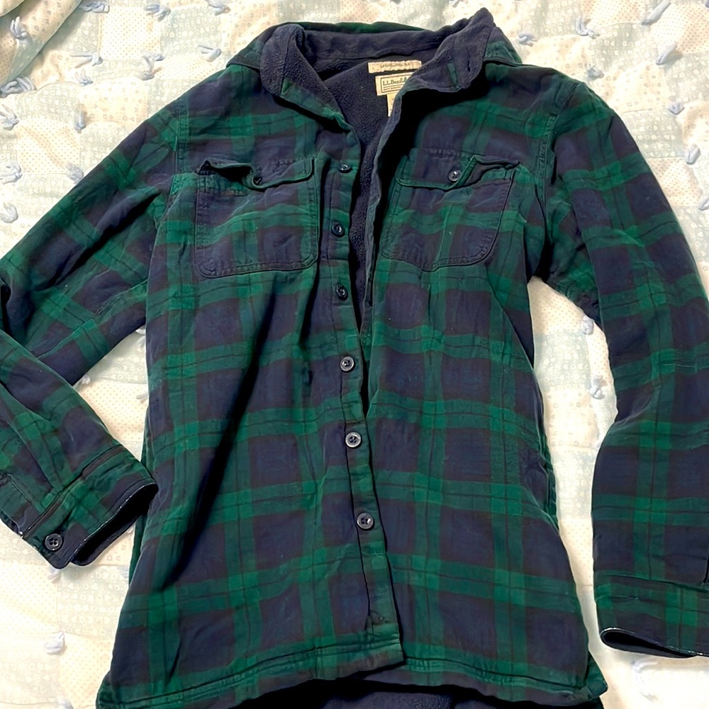 L.L Bean plaid fleece lined flannel blue and green shacket medium tall